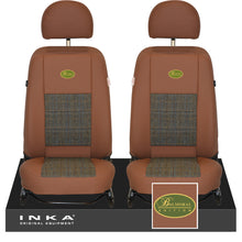Load image into Gallery viewer, Land Rover Defender L316 INKA Tan Leatherette & Harris Tweed Front 1+1 Tailored Seat Covers MY07-16 With Embroidery