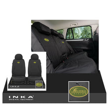 Load image into Gallery viewer, Land Rover Defender INKA Front 1+1 & Rear 60/40 Split Set Tailored Waterproof Seat Covers Black MY-07-16 - Balmoral Embroidery