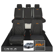 Load image into Gallery viewer, VW California Ocean/Coast/Beach/Surf Inka Fully Tailored Waterproof Seat Covers Black Front & Rear With ISOFIX Fits T6.1 ,T6,T5.1 all model years fits with and without airbags - RV ADVENTURE Embroidery