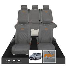 Load image into Gallery viewer, VW California Ocean/Coast/Beach/Surf Inka Fully Tailored Waterproof Seat Covers Grey Front & Rear With ISOFIX Fits T6.1 ,T6,T5.1 all model years fits with and without airbags - RV ADVENTURE Embroidery