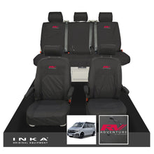 Load image into Gallery viewer, VW California Ocean/Coast/Beach/Surf Inka Fully Tailored Waterproof Seat Covers Black Front & Rear With ISOFIX Fits T6.1 ,T6,T5.1 all model years fits with and without airbags - RV ADVENTURE Embroidery