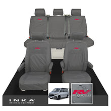 Load image into Gallery viewer, VW California Ocean/Coast/Beach/Surf Inka Fully Tailored Waterproof Seat Covers Grey Front & Rear With ISOFIX Fits T6.1 ,T6,T5.1 all model years fits with and without airbags - RV ADVENTURE Embroidery
