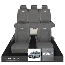 Load image into Gallery viewer, VW California Ocean/Coast/Beach/Surf Inka Fully Tailored Waterproof Seat Covers Grey Front & Rear With ISOFIX Fits T6.1 ,T6,T5.1 all model years fits with and without airbags - RV ADVENTURE Embroidery