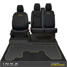 Load image into Gallery viewer, Ford Transit Custom INKA Front 1+2 Tailored Waterproof Seat Covers & Tailored Rubber Mat Black MY-12-23 (Choice of 7 Colours) - Custom Professional Embroidery