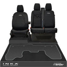 Load image into Gallery viewer, Ford Transit Custom INKA Front 1+2 Tailored Waterproof Seat Covers & Tailored Rubber Mat Black MY-12-23 (Choice of 7 Colours) - Custom Sport Embroidery