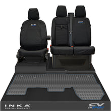 Load image into Gallery viewer, Ford Transit MK8/MK9 INKA Front 1+2 Tailored Waterproof Seat Covers & Tailored Rubber Mat Black MY-2014 Onwards (Choice of 7 Colours) - CV Sport Embroidery
