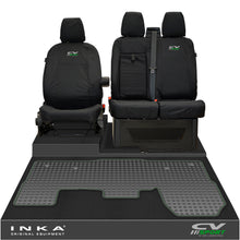 Load image into Gallery viewer, Ford Transit MK8/MK9 INKA Front 1+2 Tailored Waterproof Seat Covers & Tailored Rubber Mat Black MY-2014 Onwards (Choice of 7 Colours) - CV Sport Embroidery