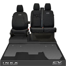 Load image into Gallery viewer, Ford Transit MK8/MK9 INKA Front 1+2 Tailored Waterproof Seat Covers & Tailored Rubber Mat Black MY-2014 Onwards (Choice of 7 Colours) - CV Sport Embroidery