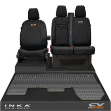 Load image into Gallery viewer, Ford Transit MK8/MK9 INKA Front 1+2 Tailored Waterproof Seat Covers & Tailored Rubber Mat Black MY-2014 Onwards (Choice of 7 Colours) - CV Sport Embroidery