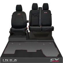 Load image into Gallery viewer, Ford Transit MK8/MK9 INKA Front 1+2 Tailored Waterproof Seat Covers & Tailored Rubber Mat Black MY-2014 Onwards (Choice of 7 Colours) - CV Sport Embroidery