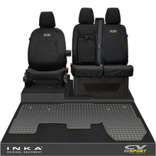 Load image into Gallery viewer, Ford Transit MK8/MK9 INKA Front 1+2 Tailored Waterproof Seat Covers & Tailored Rubber Mat Black MY-2014 Onwards (Choice of 7 Colours) - CV Sport Embroidery