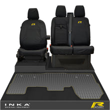 Load image into Gallery viewer, Ford Transit MK8/MK9 INKA Front 1+2 Tailored Waterproof Seat Covers & Tailored Rubber Mat Black MY-2014 Onwards (Choice of 7 Colours) - R-SPORT Embroidery