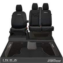Load image into Gallery viewer, Ford Transit Custom MK1 Front 1+2 Tailored Waterproof Seat Covers & Tailored Leatherette Floor Mat Black MY-12-23 (Choice of 7 Colours)- Custom Professional Embroidery