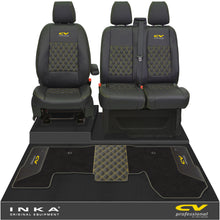 Load image into Gallery viewer, Ford Transit MK8/MK9 Front 1+2 Bentley Diamond Quilt Tailored Seat Covers & Matching Tailored Floor Mat Black MY2014 Onwards - CV Professional Embroidery