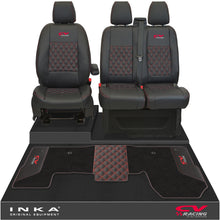 Load image into Gallery viewer, Ford Transit MK8/MK9 Front 1+2 Bentley Diamond Quilt Tailored Seat Covers & Matching Tailored Floor Mat Black MY2014 Onwards - CV Racing Embroidery