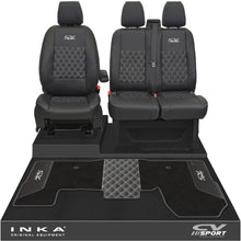 Load image into Gallery viewer, Ford Transit MK8/MK9 Front 1+2 Bentley Diamond Quilt Tailored Seat Covers & Matching Tailored Floor Mat Black MY2014 Onwards - CV Sport Embroidery