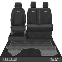 Load image into Gallery viewer, New Mercedes Benz Sprinter INKA Front 1+2 Tailored Waterproof Seat Covers & Tailored Rubber Mat Black MY18 To Present - CV Sport Embroidery