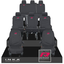 Load image into Gallery viewer, VW Transporter Shuttle T6.1, T6 8 Seater Tailored Waterproof Seat Covers Black MY 15-23 - R-Series Embroidery