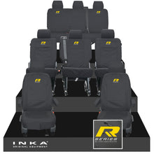 Load image into Gallery viewer, VW Transporter Shuttle T6.1, T6 8 Seater Tailored Waterproof Seat Covers Black MY 15-23 - R-Series Embroidery