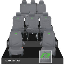 Load image into Gallery viewer, VW Transporter Shuttle T6.1, T6 8 Seater Tailored Waterproof Seat Covers Grey MY 15-23 - R-Series Embroidery