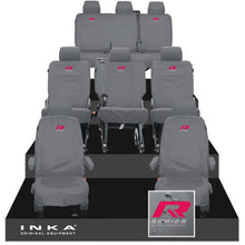 Load image into Gallery viewer, VW Transporter Shuttle T6.1, T6 8 Seater Tailored Waterproof Seat Covers Grey MY 15-23 - R-Series Embroidery