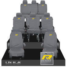 Load image into Gallery viewer, VW Transporter Shuttle T6.1, T6 8 Seater Tailored Waterproof Seat Covers Grey MY 15-23 - R-Series Embroidery