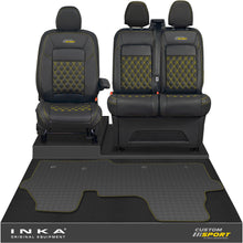 Load image into Gallery viewer, All New Ford Transit Custom Front 1+2 Bentley Diamond Quilt Leatherette Tailored Seat Covers & Tailored Rubber Mat Black MY-2024 (Choice of 7 Colours) - Custom Sport Embroidery