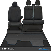 Load image into Gallery viewer, The All New Ford Transit Custom Front 1+2 Tailored Waterproof Seat Covers & Tailored Rubber Mat Black MY 2024+(Choice of 7 Colours) - Custom Professional Embroidery
