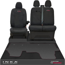 Load image into Gallery viewer, The All New Ford Transit Custom Front 1+2 Tailored Waterproof Seat Covers & Tailored Rubber Mat Black MY 2024+(Choice of 7 Colours) - Custom Racing Embroidery