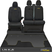 Load image into Gallery viewer, The All New Ford Transit Custom Front 1+2 Tailored Waterproof Seat Covers & Tailored Rubber Mat Black MY 2024+(Choice of 7 Colours) - Custom Racing Embroidery