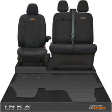 Load image into Gallery viewer, The All New Ford Transit Custom Front 1+2 Tailored Waterproof Seat Covers & Tailored Rubber Mat Black MY 2024+(Choice of 7 Colours) - Custom Sport Embroidery