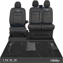 Load image into Gallery viewer, All New Ford Transit Custom Front 1+2 Bentley Leatherette Tailored Seat Covers & Matching Tailored Floor Mat Black MY-2024> (7 Colours) - Custom Sport Embroidery