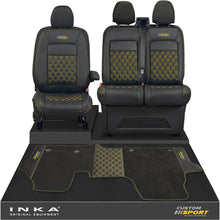 Load image into Gallery viewer, All New Ford Transit Custom Front 1+2 Bentley Leatherette Tailored Seat Covers & Matching Tailored Floor Mat Black MY-2024> (7 Colours) - Custom Sport Embroidery