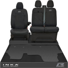 Load image into Gallery viewer, The All New Ford Transit Custom Front 1+2 Tailored Waterproof Seat Covers & Tailored Rubber Mat Black MY 2024+(Choice of 7 Colours) - R-SPORT Embroidery