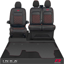 Load image into Gallery viewer, New VW Transporter T7 Panel Van Front 1+2 Bentley Diamond Quilt Leatherette Tailored Seat Covers & Tailored Rubber Mat Black MY25 Onwards R Series Embroidery