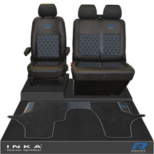 Load image into Gallery viewer, New VW Transporter T6.1, T6, T5.1 Front 1+2 Bentley Diamond Quilt Tailored Leatherette Seat Covers & Matching Tailored Floor Mat Black - R-Series Embroidery