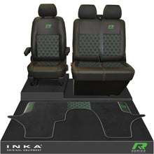 Load image into Gallery viewer, New VW Transporter T6.1, T6, T5.1 Front 1+2 Bentley Diamond Quilt Tailored Leatherette Seat Covers & Matching Tailored Floor Mat Black - R-Series Embroidery