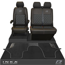 Load image into Gallery viewer, New VW Transporter T6.1, T6, T5.1 Front 1+2 Bentley Diamond Quilt Tailored Leatherette Seat Covers & Matching Tailored Floor Mat Black - R-Series Embroidery