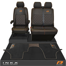 Load image into Gallery viewer, New VW Transporter T6.1, T6, T5.1 Front 1+2 Bentley Diamond Quilt Tailored Leatherette Seat Covers & Matching Tailored Floor Mat Black - R-Series Embroidery