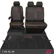 Load image into Gallery viewer, New VW Transporter T6.1, T6, T5.1 Front 1+2 Bentley Diamond Quilt Tailored Leatherette Seat Covers & Matching Tailored Floor Mat Black - R-Series Embroidery