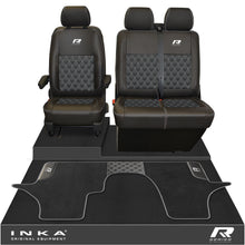 Load image into Gallery viewer, New VW Transporter T6.1, T6, T5.1 Front 1+2 Bentley Diamond Quilt Tailored Leatherette Seat Covers & Matching Tailored Floor Mat Black - R-Series Embroidery