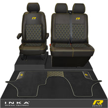Load image into Gallery viewer, New VW Transporter T6.1, T6, T5.1 Front 1+2 Bentley Diamond Quilt Tailored Leatherette Seat Covers & Matching Tailored Floor Mat Black - R-Series Embroidery