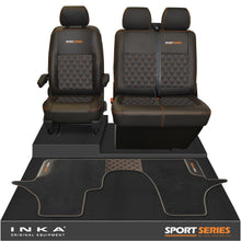 Load image into Gallery viewer, New VW Transporter T6.1, T6, T5.1 Front 1+2 Bentley Diamond Quilt Tailored Leatherette Seat Covers & Matching Tailored Floor Mat Black - Sport-Series Embroidery
