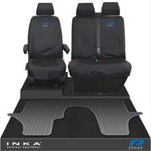 Load image into Gallery viewer, VW Transporter T6.1,T6,T5.1 INKA Front 1+2 Tailored Waterproof Seat Covers & Tailored Rubber Floor Mat Black - R-Series Embroidery