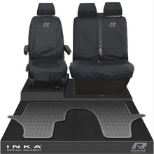Load image into Gallery viewer, VW Transporter T6.1,T6,T5.1 INKA Front 1+2 Tailored Waterproof Seat Covers & Tailored Rubber Floor Mat Black - R-Series Embroidery