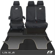 Load image into Gallery viewer, VW Transporter T6.1,T6,T5.1 INKA Front 1+2 Tailored Waterproof Seat Covers & Tailored Rubber Floor Mat Black - R-Series Embroidery