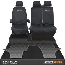 Load image into Gallery viewer, VW Transporter T6.1,T6,T5.1 INKA Front 1+2 Tailored Waterproof Seat Covers & Tailored Rubber Floor Mat Black - Sport-Series Embroidery