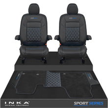 Load image into Gallery viewer, New VW Transporter T7 Panel Van INKA Front Bentley Leatherette Tailored Seat Covers & Matching Tailored Floor Mat Black MY25 Onwards - Sport-Series Embroidery