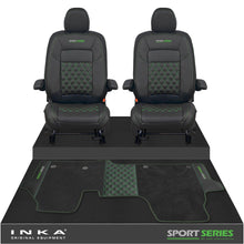 Load image into Gallery viewer, New VW Transporter T7 Panel Van INKA Front Bentley Leatherette Tailored Seat Covers & Matching Tailored Floor Mat Black MY25 Onwards - Sport-Series Embroidery
