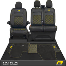 Load image into Gallery viewer, New VW Transporter T7 Panel Van INKA Front Bentley Leatherette Tailored Seat Covers & Matching Tailored Floor Mat Black MY25 Onwards - R-Series Embroidery